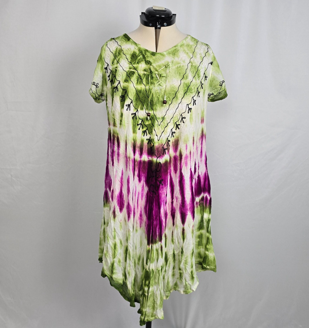 Exist Beach Tie Dye Cover Up Dress Women's OS Olive Plum Embellishments NWT